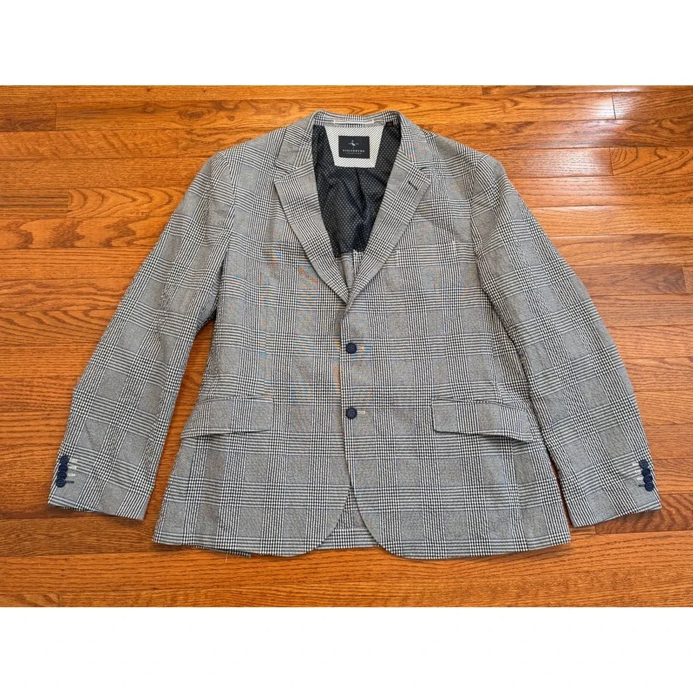 Tailorbyrd Blazer Mens 46R Gray Blue Glen Plaid Stretch Unstructured Textured